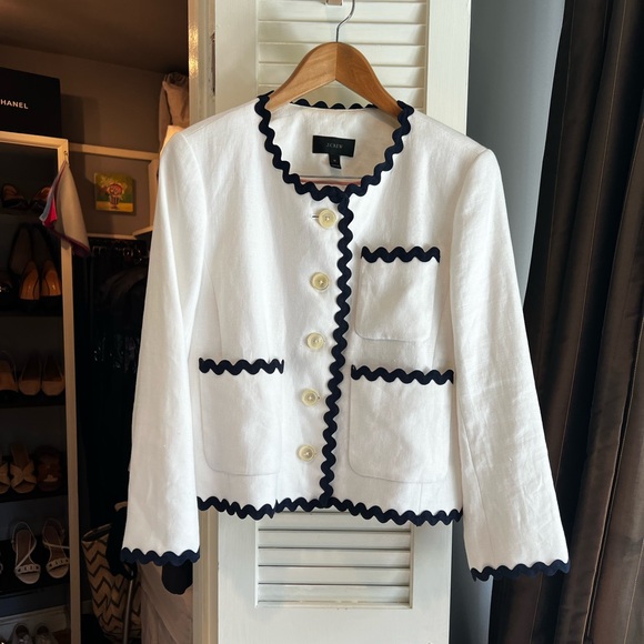 J. Crew White Lady Linen Jacket with Black Rick Rack Scallop Trim - Picture 5 of 10